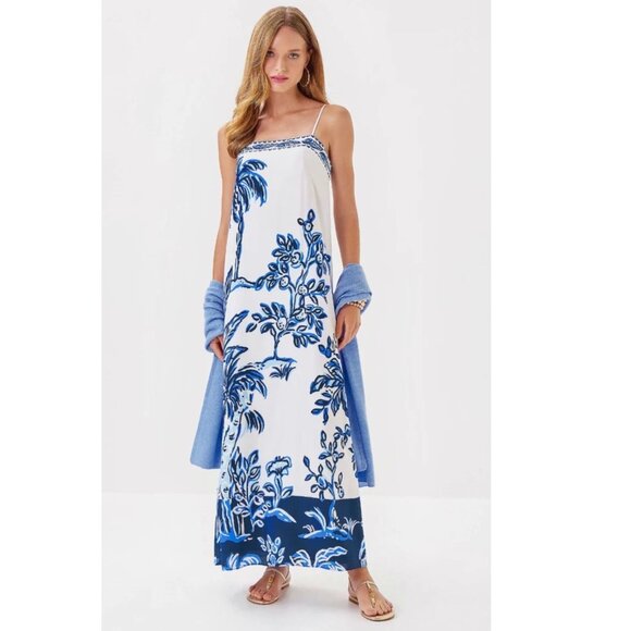 Lilly Pulitzer Jesslyn Silk Maxi Slip Dress Resort White Oversized Tall Tales 2 - Picture 2 of 14